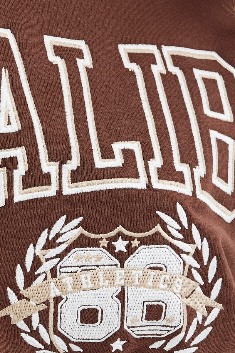 Brown Sweater Round Neck Long Sleeve Embroidery