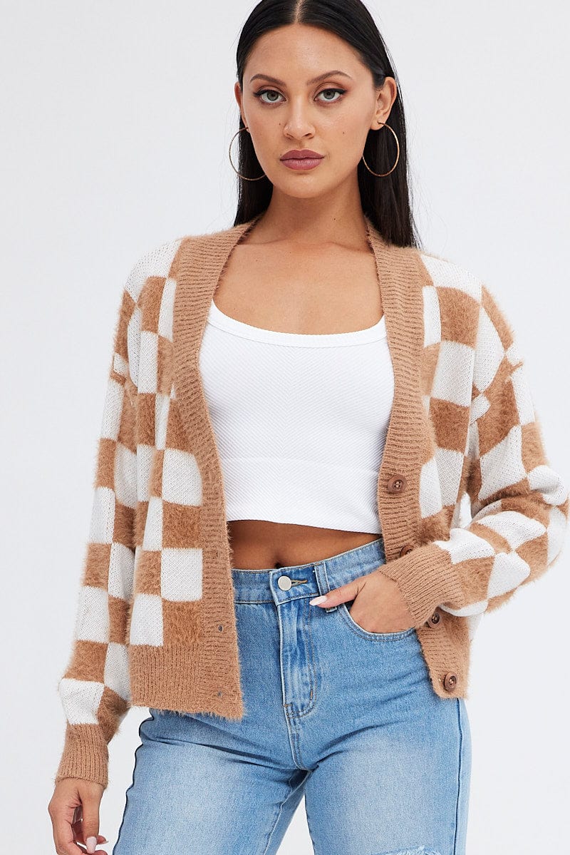 Beige Check Oversized Cardigan