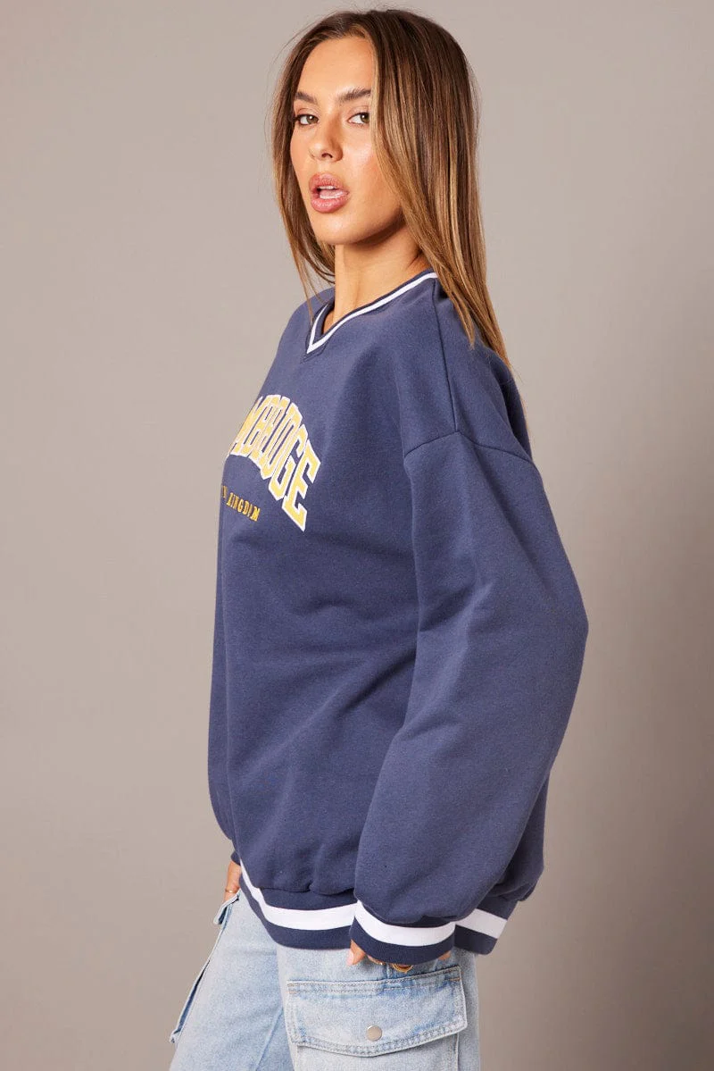 Blue Graphic Sweater Long Sleeve