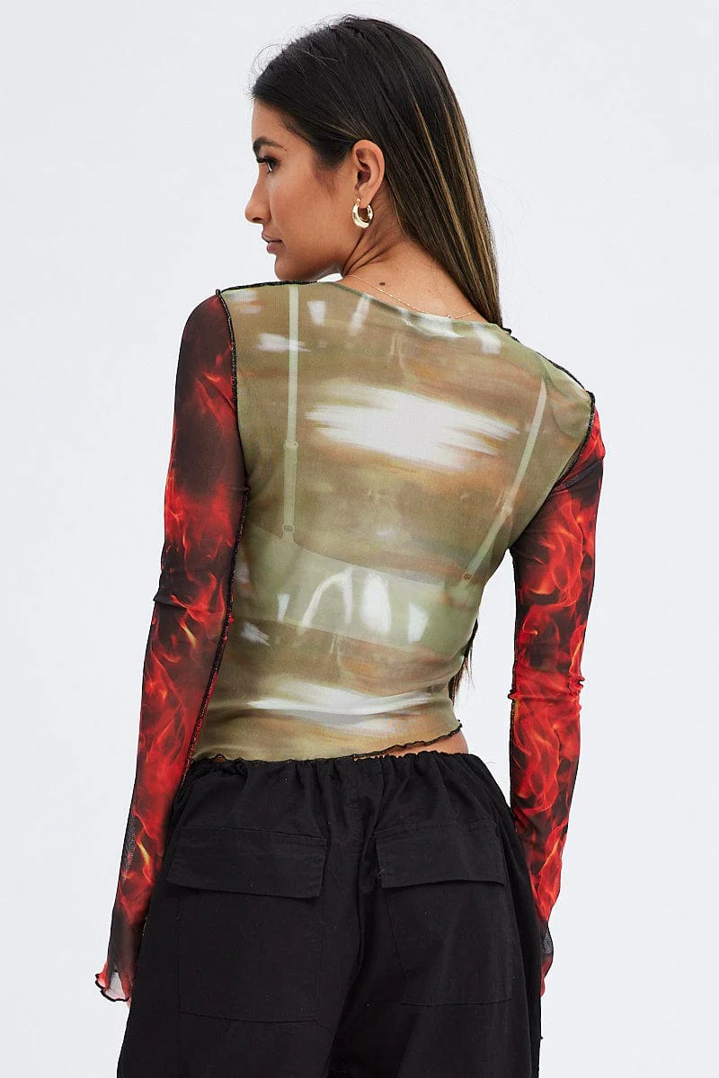 Multi Abstract Top Crew Neck Mesh Contrast Print Long Sleeves