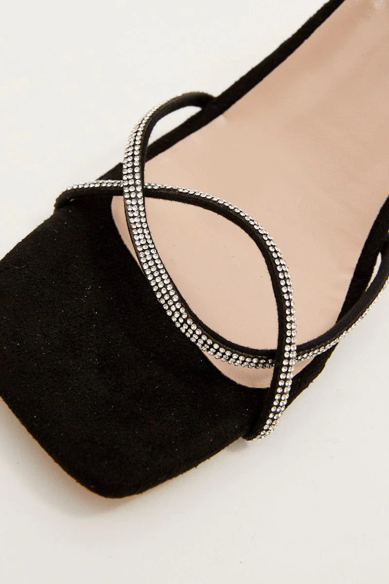 Black Rhinestone Decor Square Toe Ankle Strap Sandals