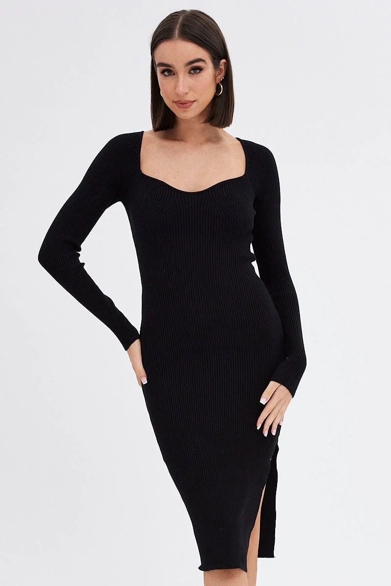 Black Knit Dress Sweetheart Neck Long Sleeve Midi