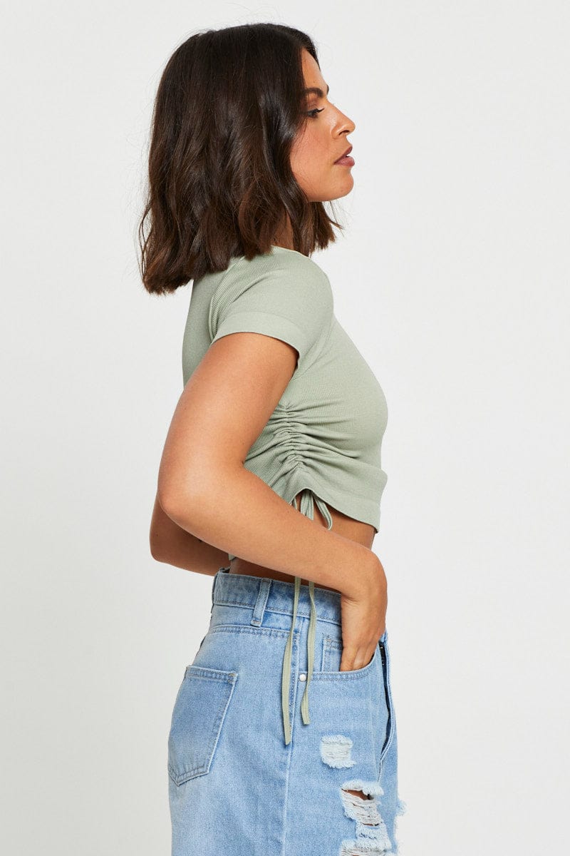 Green T Shirt Short Sleeve Crop Crew Neck