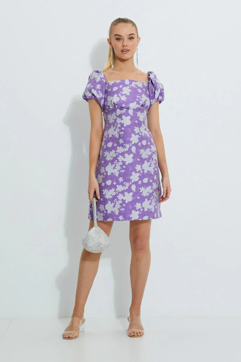 Print Designer Jacquard Puff Shoulder Dress