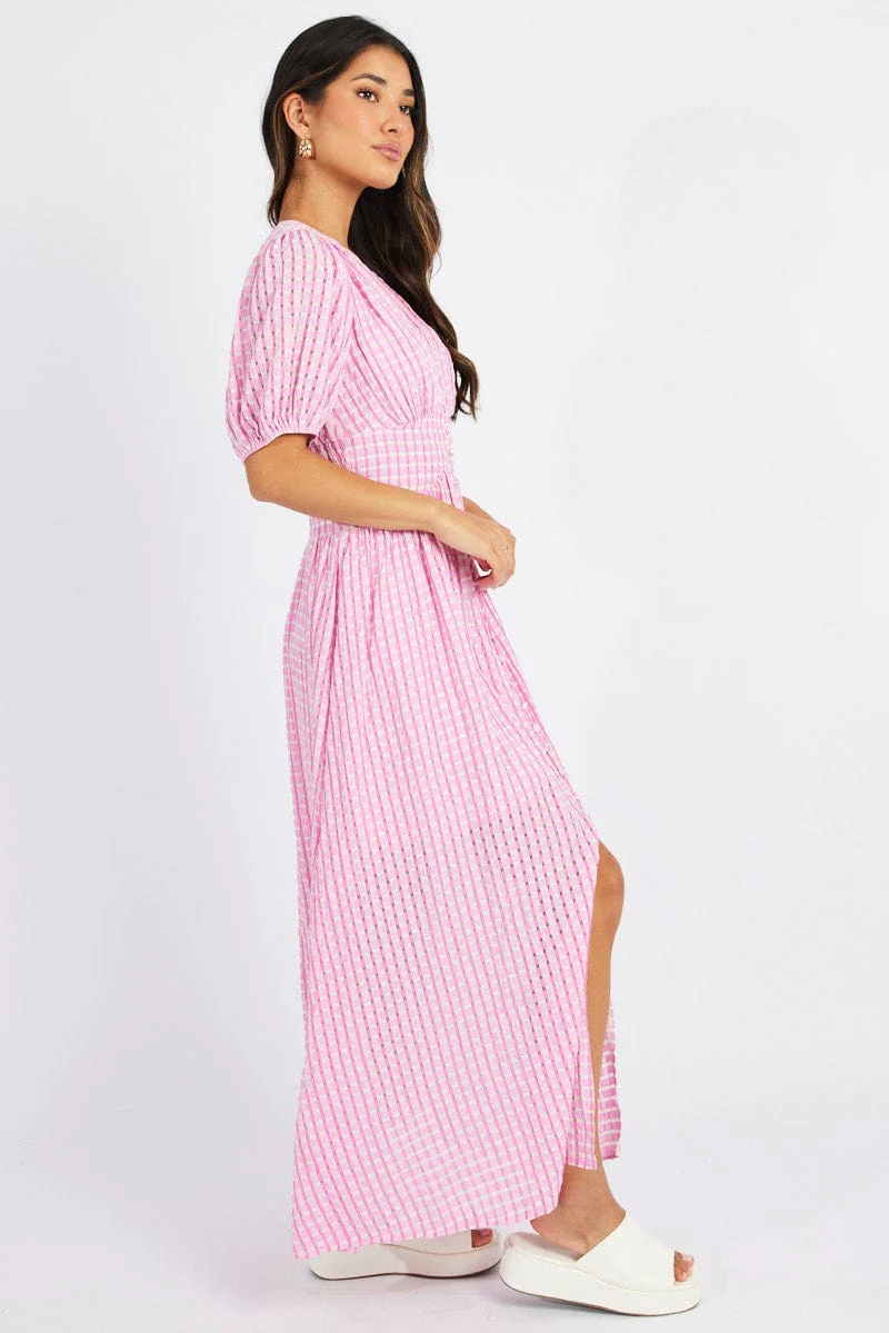 Pink Midi Dress Puff Sleeve