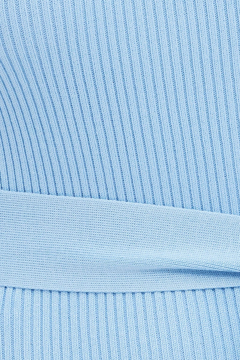 Blue Knit Dress Sleeveless Round Neck Belted Midi