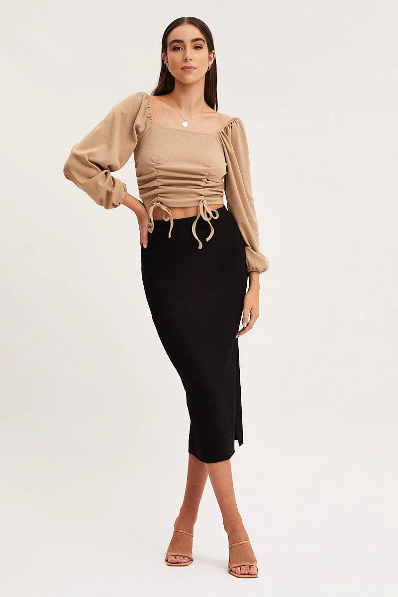 Beige Ruched Crop Top Long Sleeve