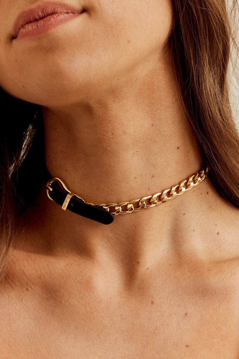 Black Faux Leather and Chain Choker Necklace