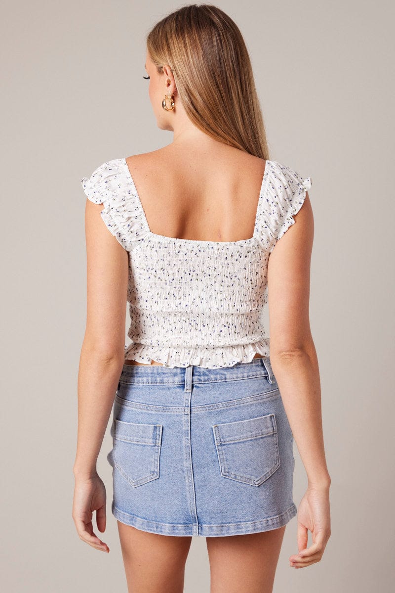 White Ditsy Puff Sleeve Top Short Sleeve