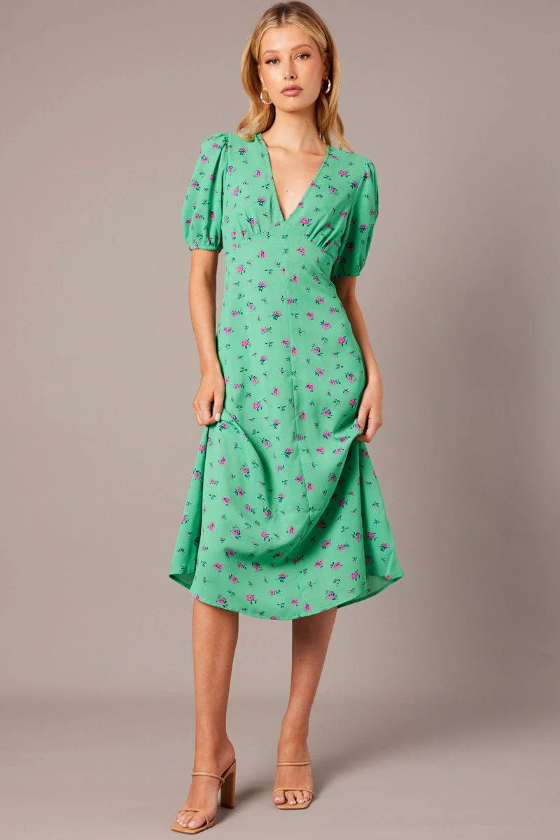 Green Floral Midi Dress Puff Sleeve Tea Dress