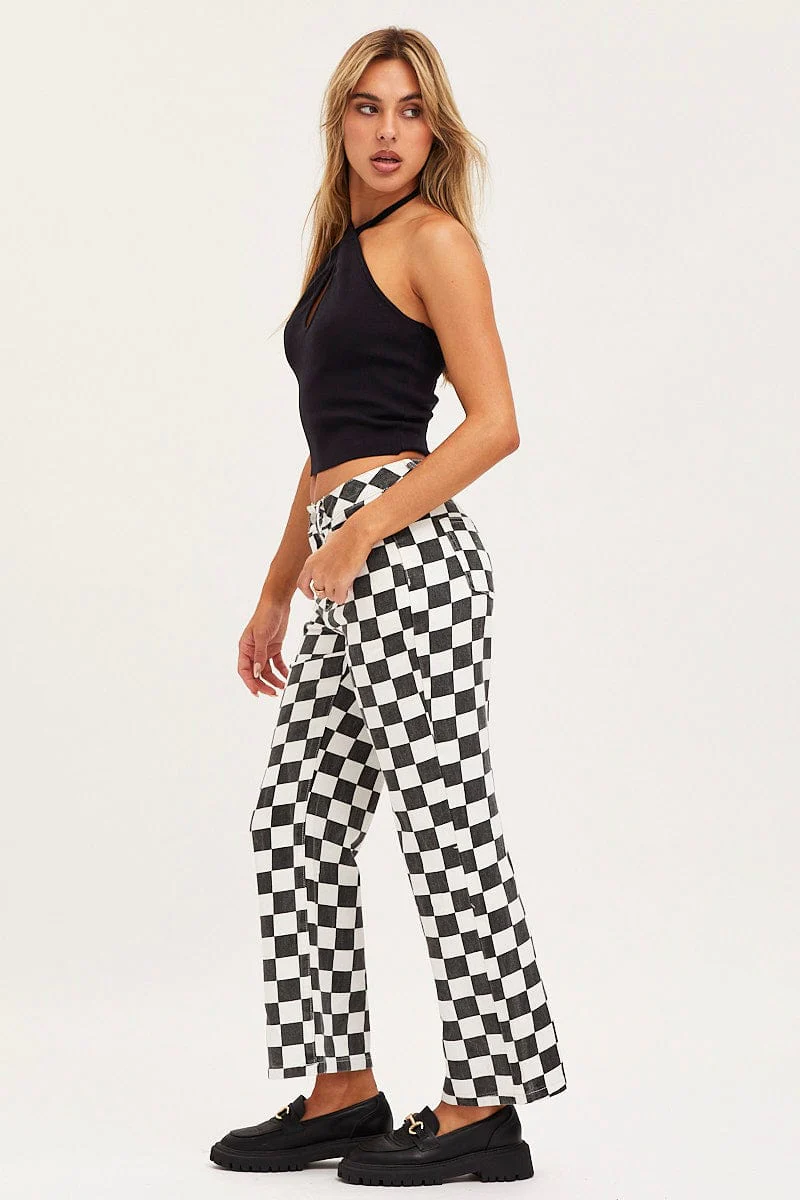 Print Straight Denim Jeans High Rise