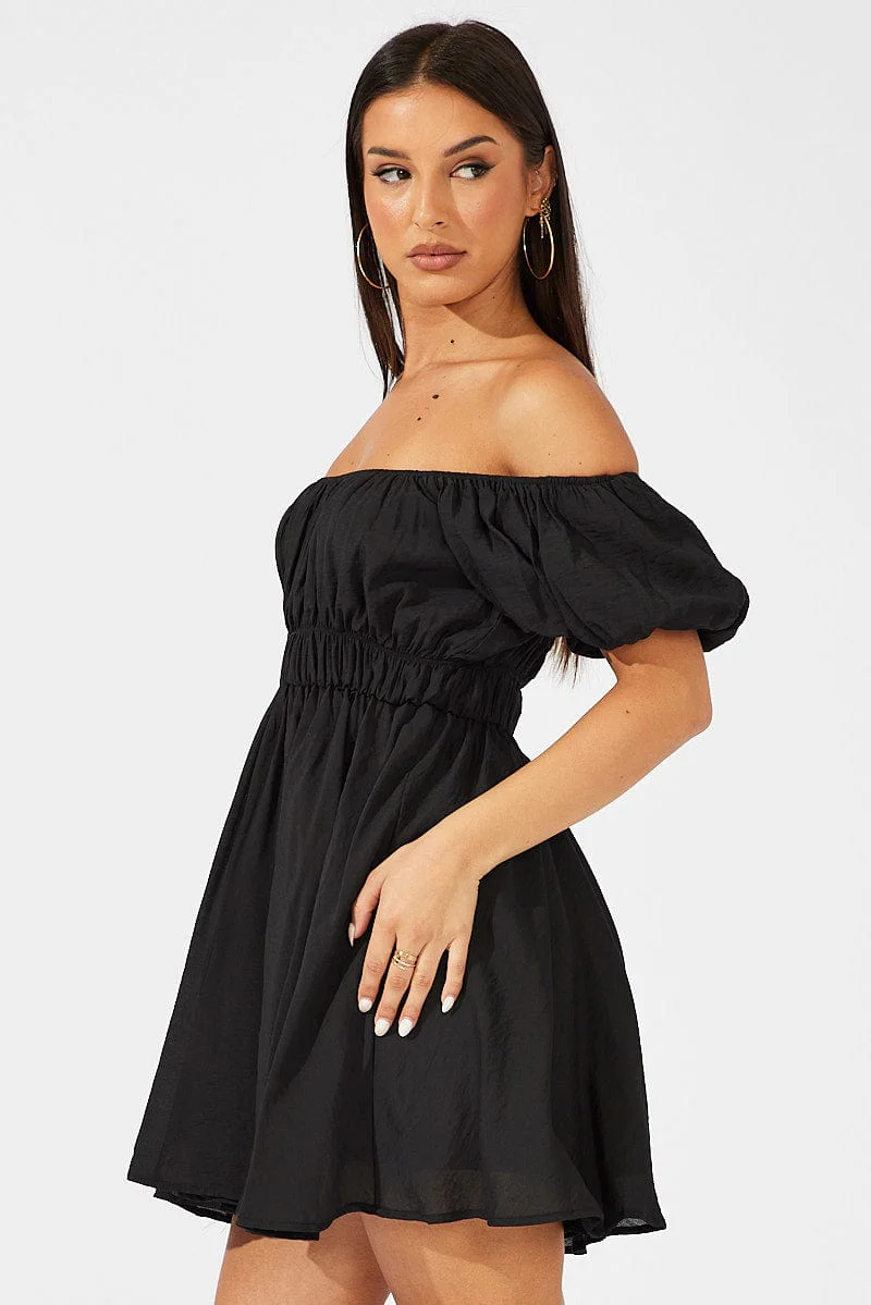 Black Fit and Flare Dress Short Sleeve Ruched