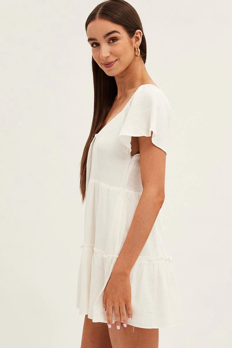 White Dress Square Neck Short Sleeve Tiered Button Front