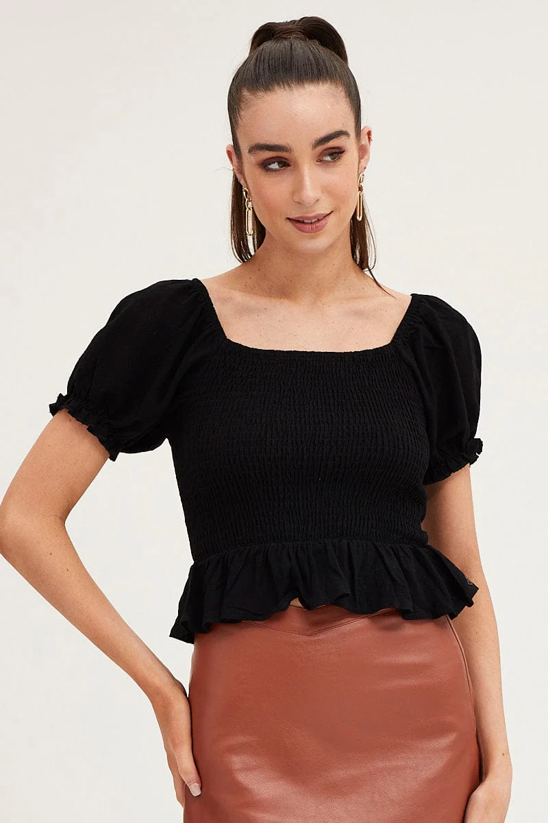 Black Puff Sleeve Shirred Top