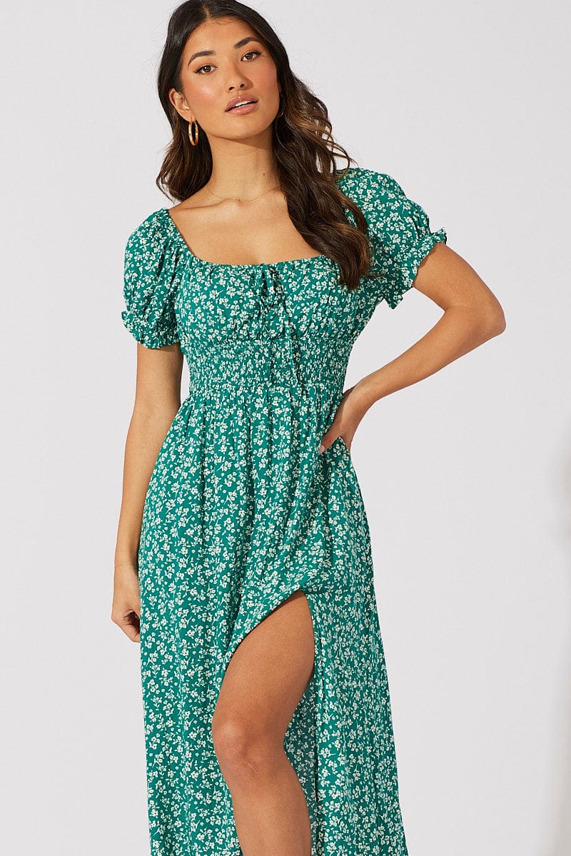 Green Ditsy Midi Dress Short Sleeve Shirred Waist