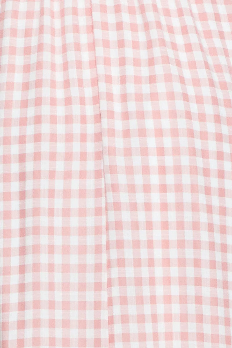 Check Midi Dress Off Shoulder Short Sleeve