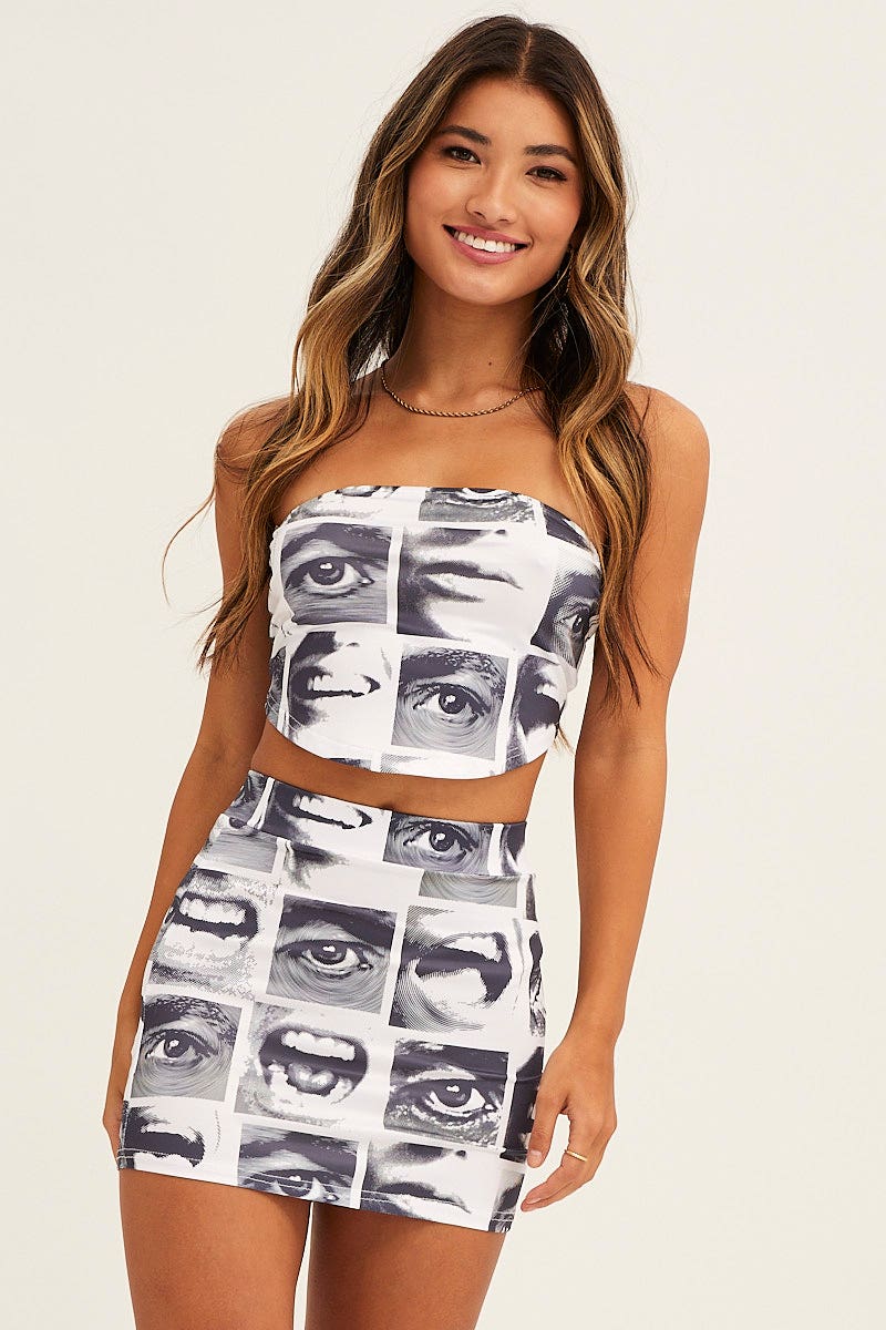 White Abstract Mini Skirt