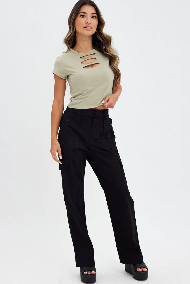 Green Crop Top Short Sleeve Crew Neck Keyhole Cotton