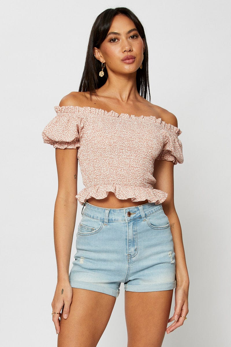 Geo Print Crop Top Short Sleeve Off Shoulder