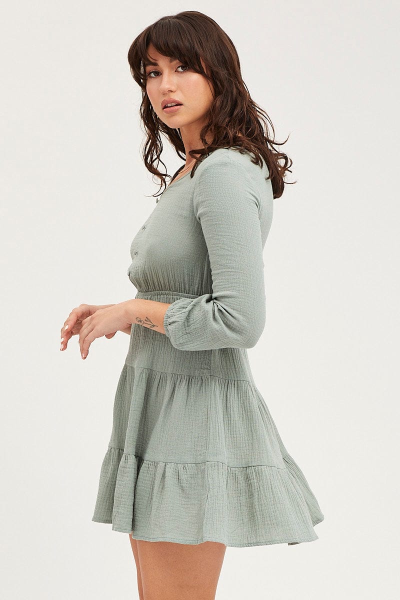 Green Skater Dress Long Sleeve Mini