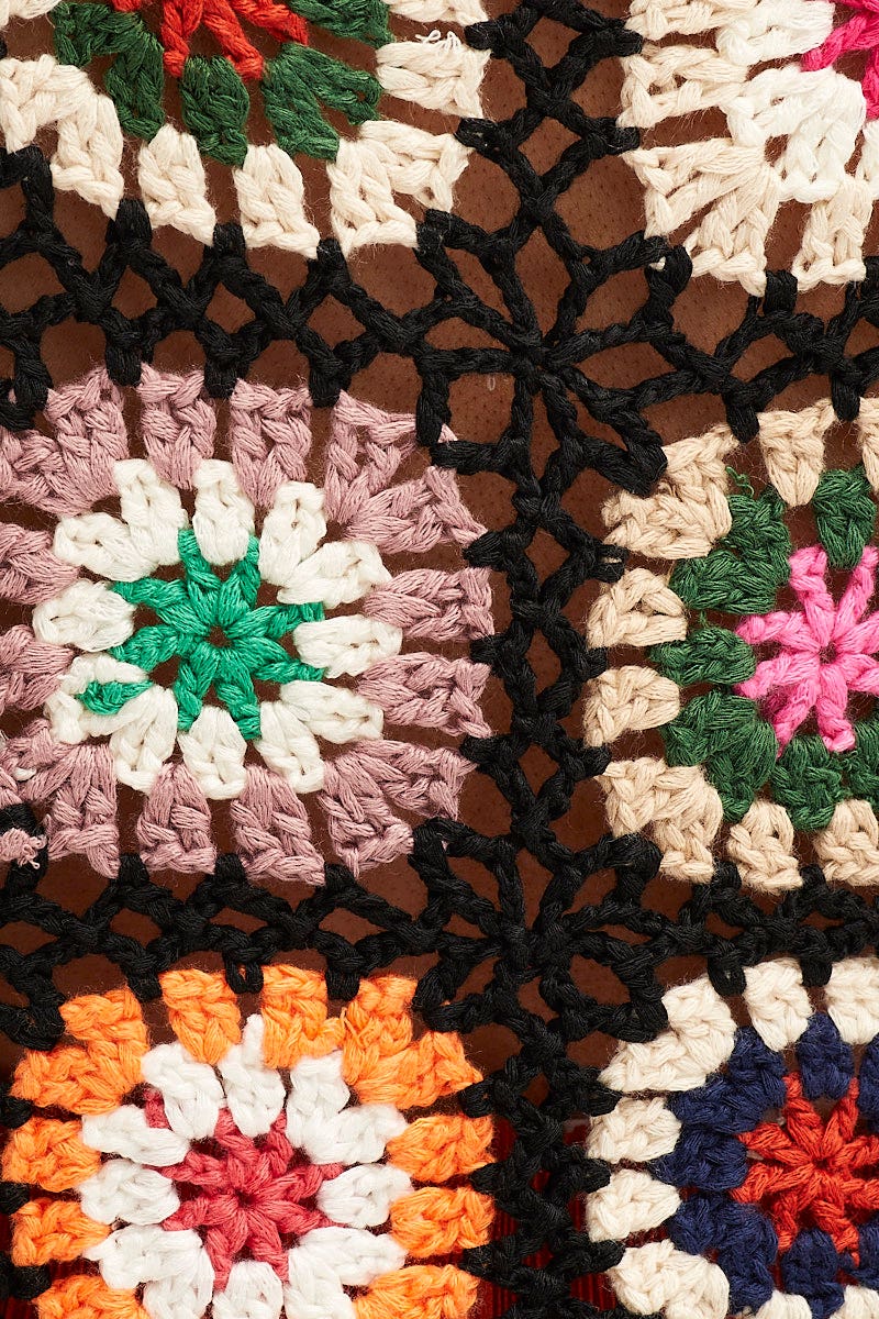 Multi Crochet Top Crop Square Neck