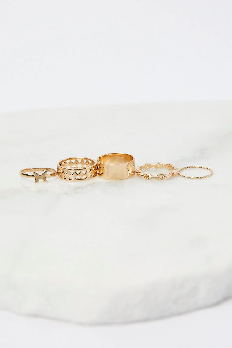 Gold 5 pack Butterfly and Chain Detail Rings