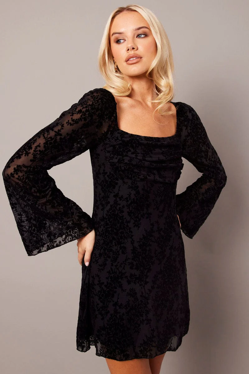 Black Mini Dress Long Sleeve Burnout