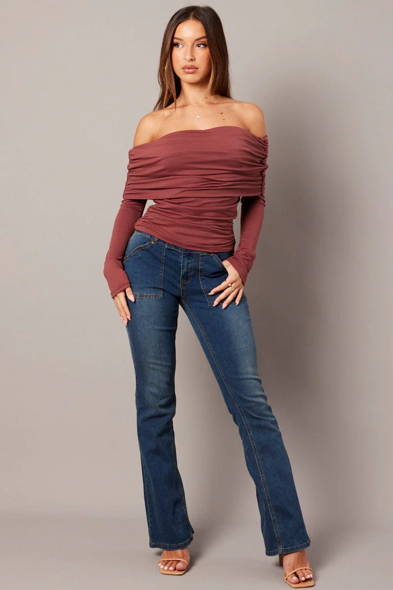 Brown Off Shoulder Top Long Sleeve