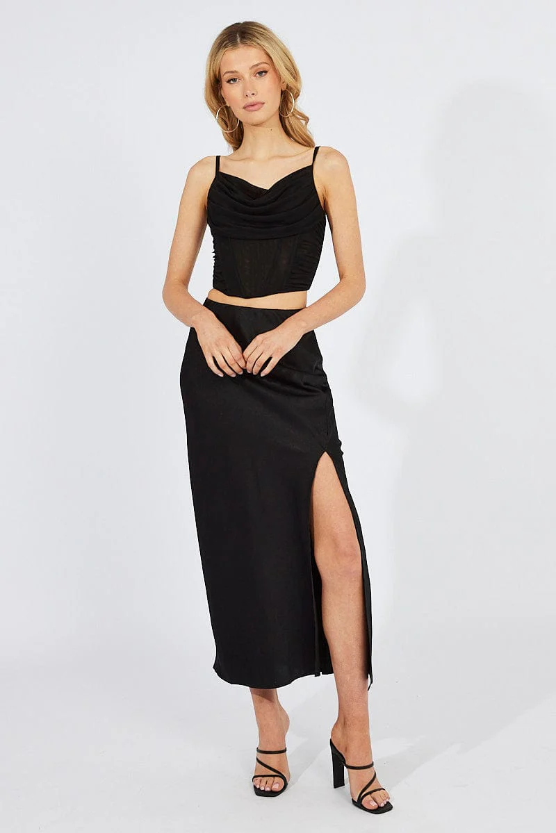 Black Slip Skirt Front Split Satin