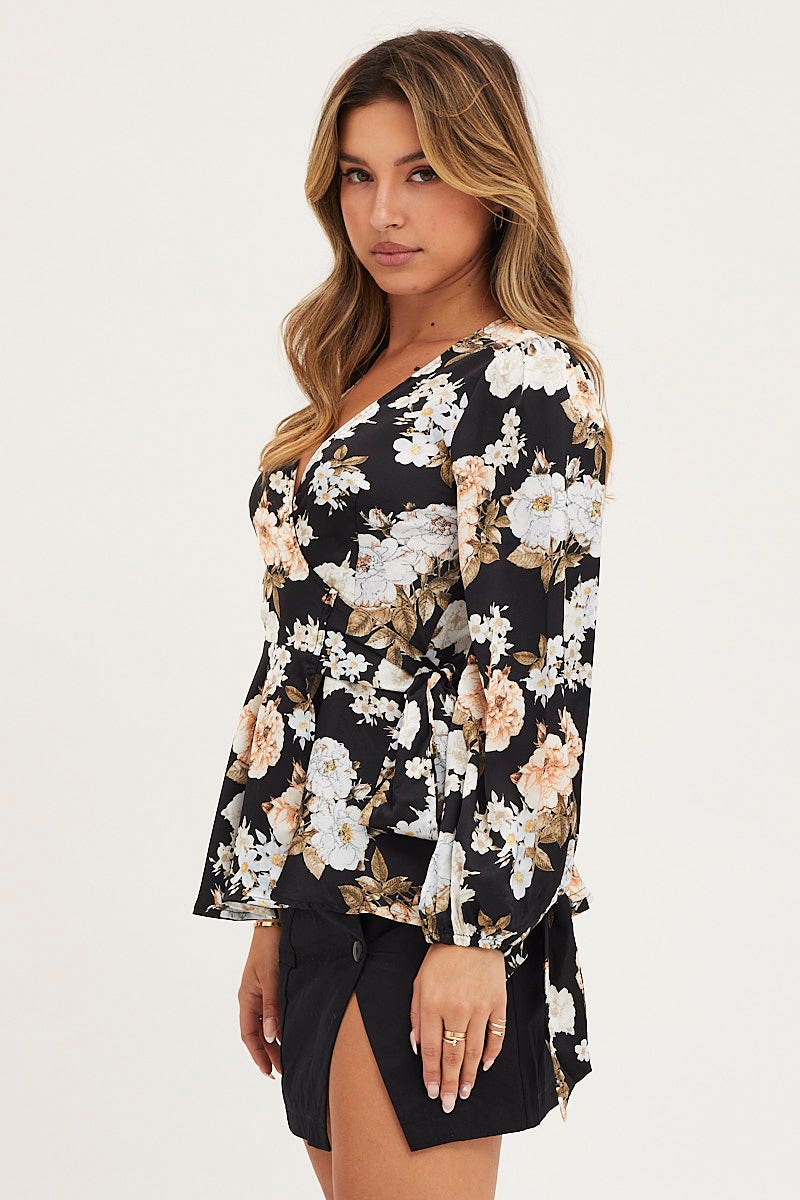 Print Wrap Top Long Sleeve Satin