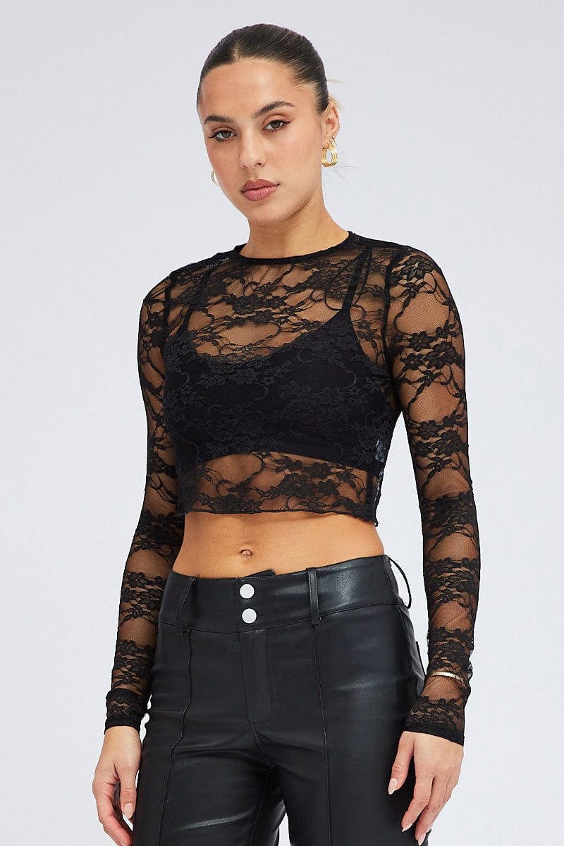 Black Lace Top Sheer Long Sleeve Crop
