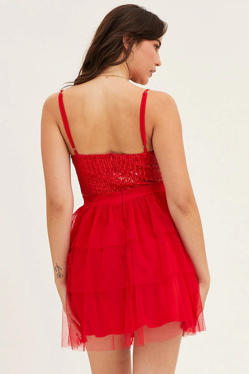 Red Skater Dress Sweet Heart Neck Lace