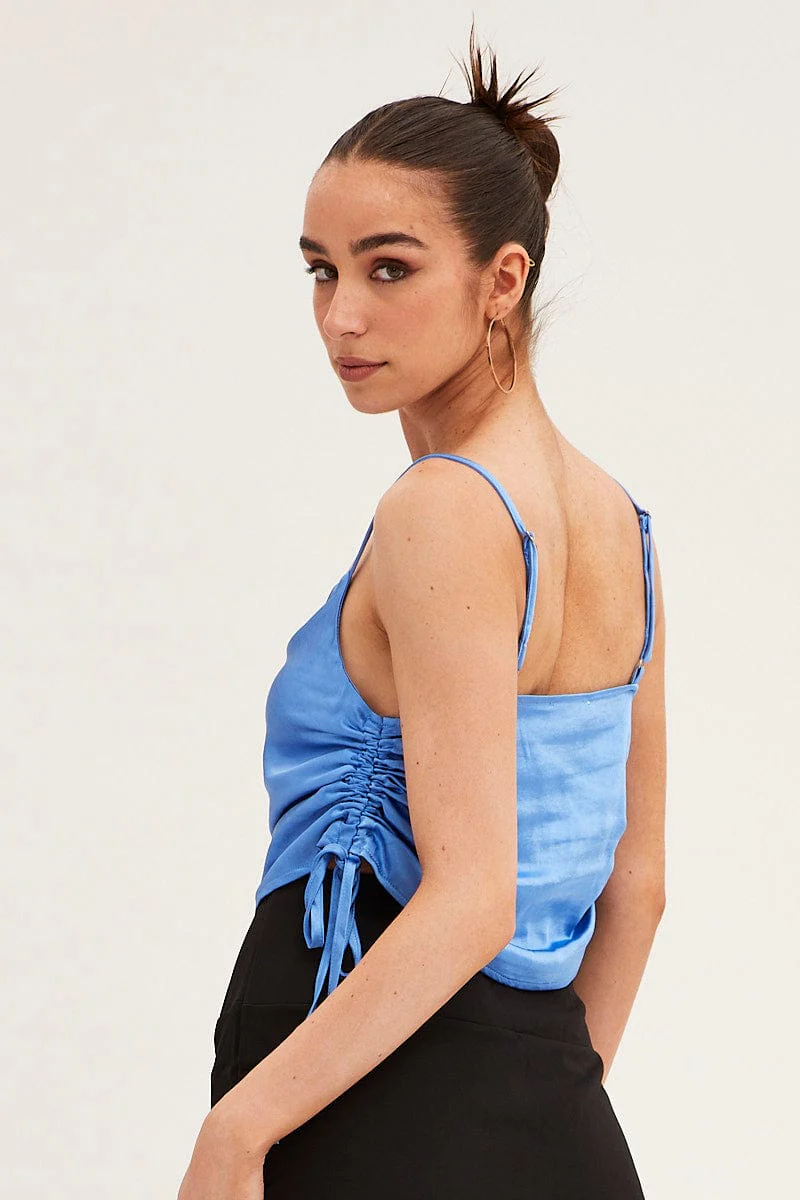 Blue Ruched Cami Top Sleeveless Cowl Neck