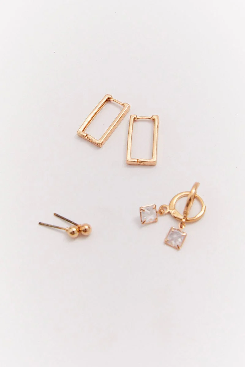 Gold 3 Pack Earrings Set