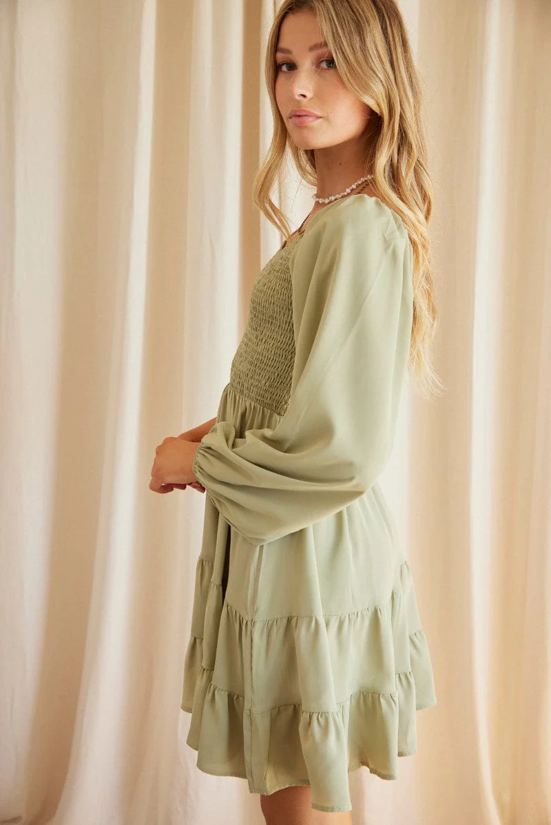 Green Shirred Dress Long Sleeve Mini
