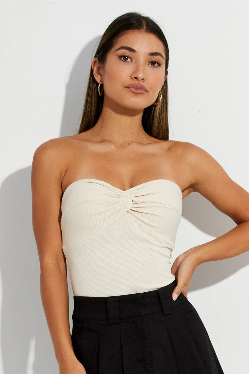 Beige Twist Front Ribbed Sleeveless Top
