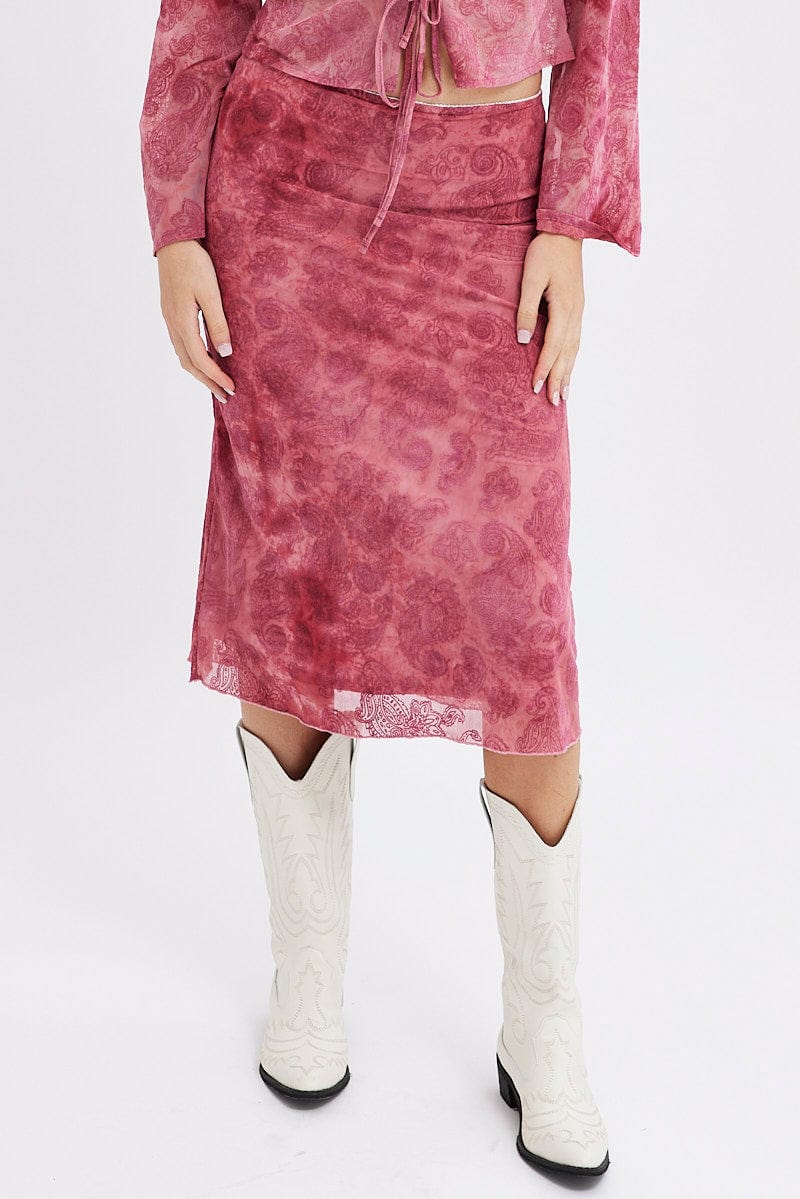 Red Paisley Midi Skirt High Rise Fit & Flare Mesh Lined