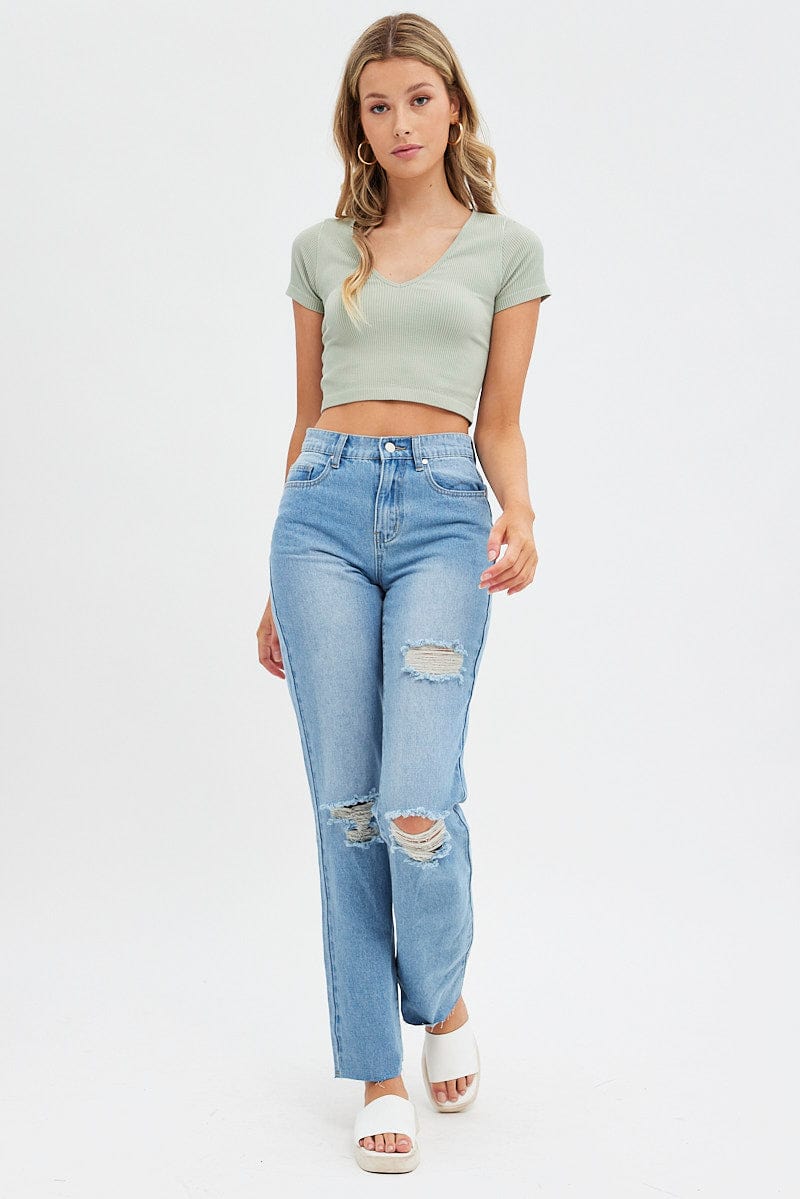 Green T Shirt Short Sleeve V Neck Seamless