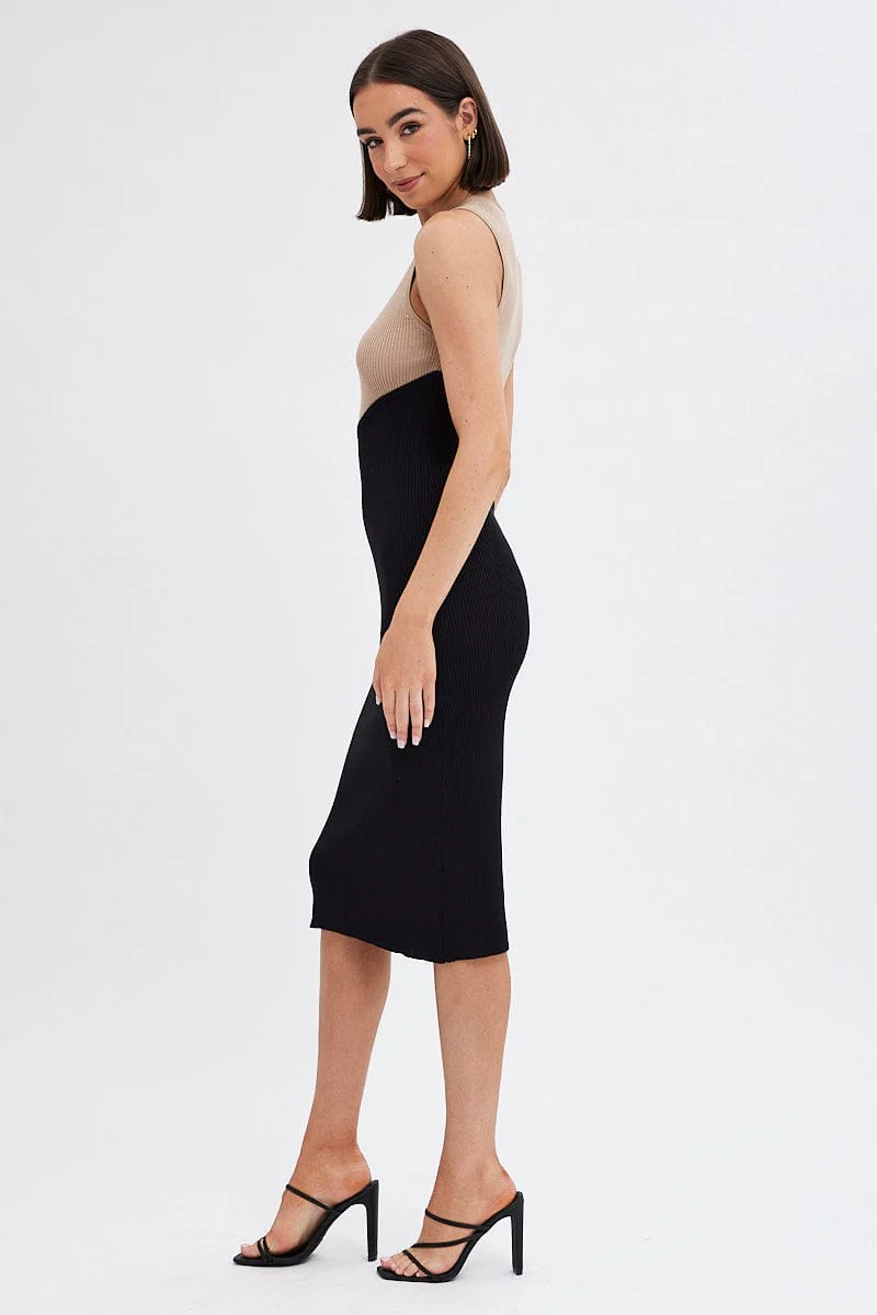 Black Midi Dress Round Neck Colour Blocked Knit