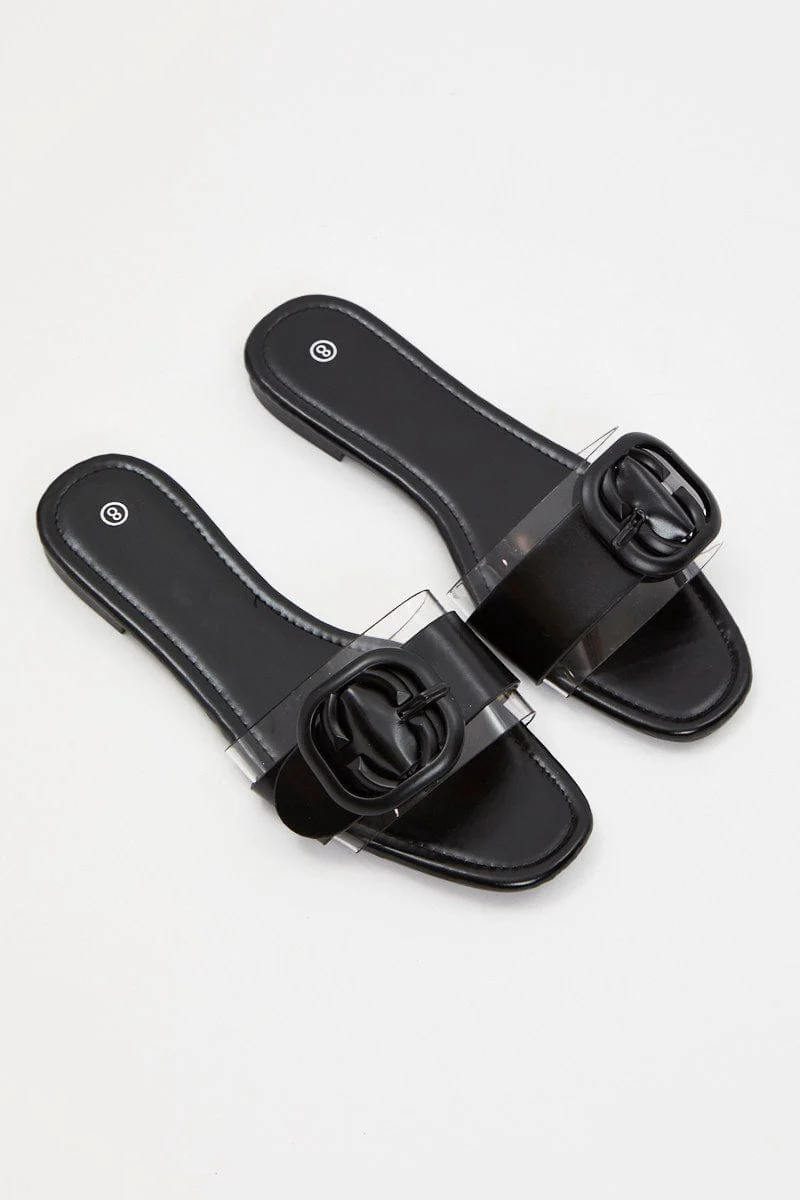 Black Buckle Detail Flat Slides