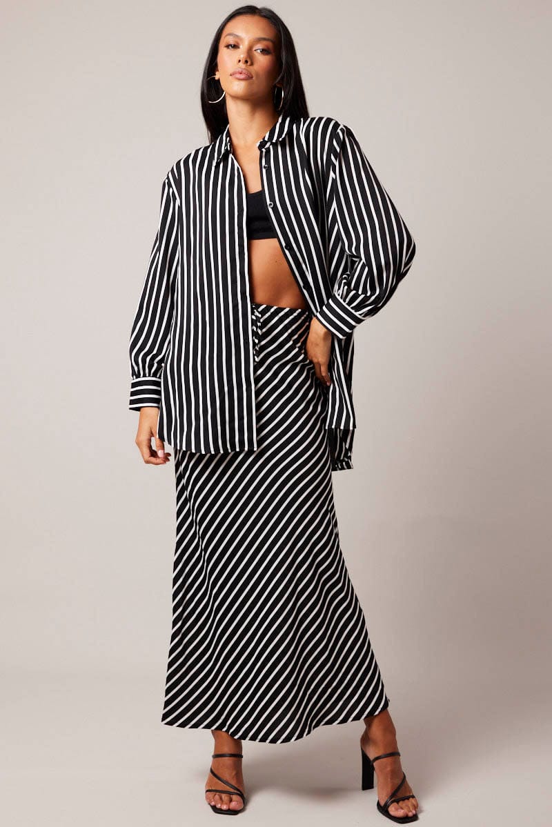 Black Stripe Slip Skirt Maxi Drawstring Waist