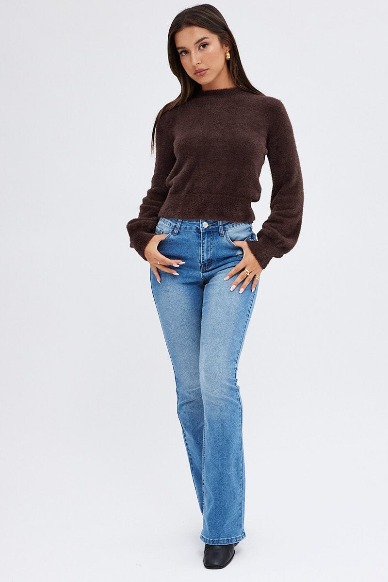 Brown Fluffy Knit Jumper Long Sleeve Crew neck