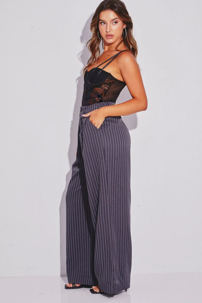 Grey Stripe Stripe Wide Leg Boyfriend Pants