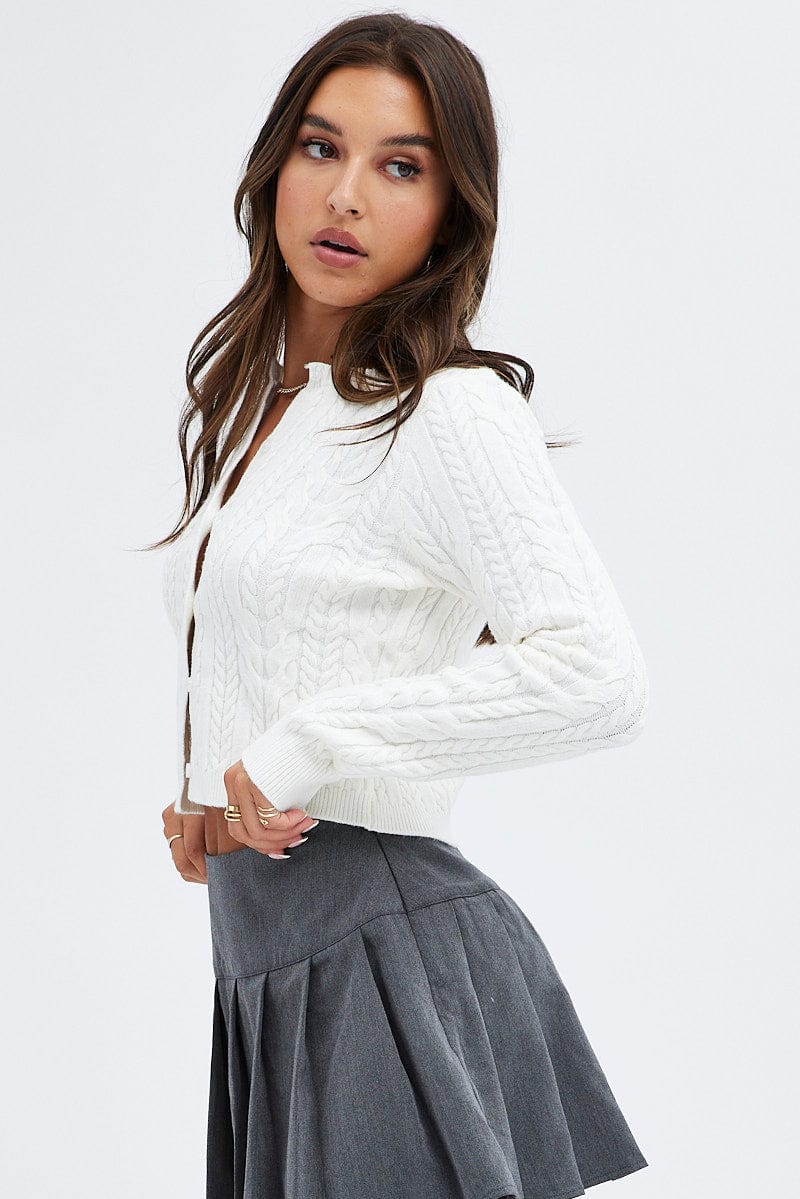 White Cardigan Long sleeve Crew neck