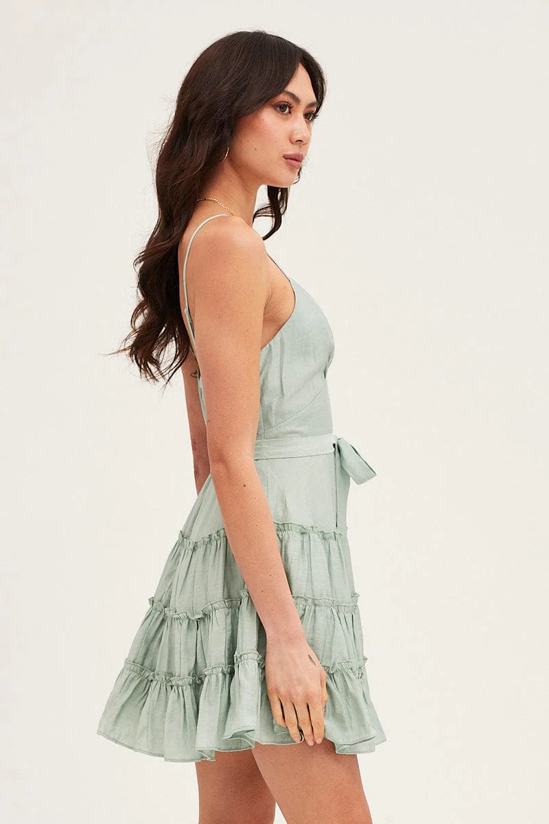 Green V Neck Frill Skater Dress