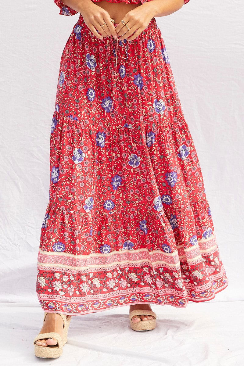 Boho Print Elastic Waist Boho Maxi Skirt