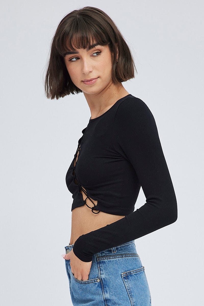 Black Top Long Sleeve Lace Up Seamless