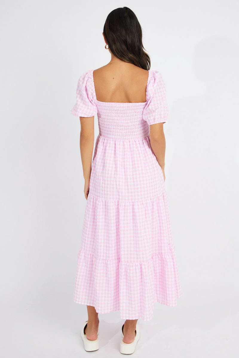 Pink Check Maxi Dress Short Sleeve Shirred