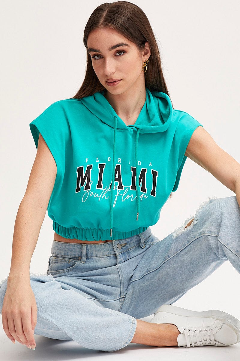 Green Crop Hooded Sweat Short Sleeve
