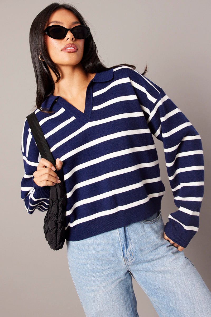 Blue Stripe Knit Top Long Sleeve Collar
